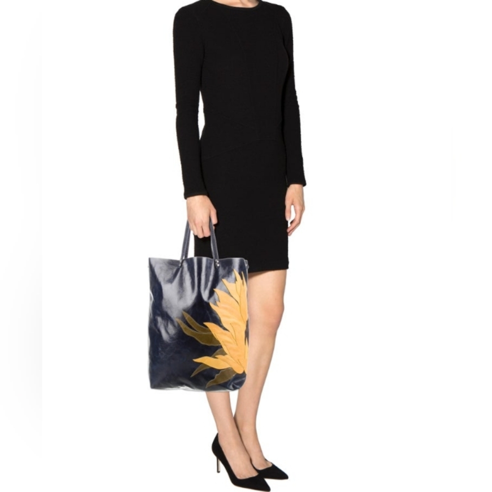 SUSANNAH HUNTER Blue Leather Yellow Flower Applique Tote Bag